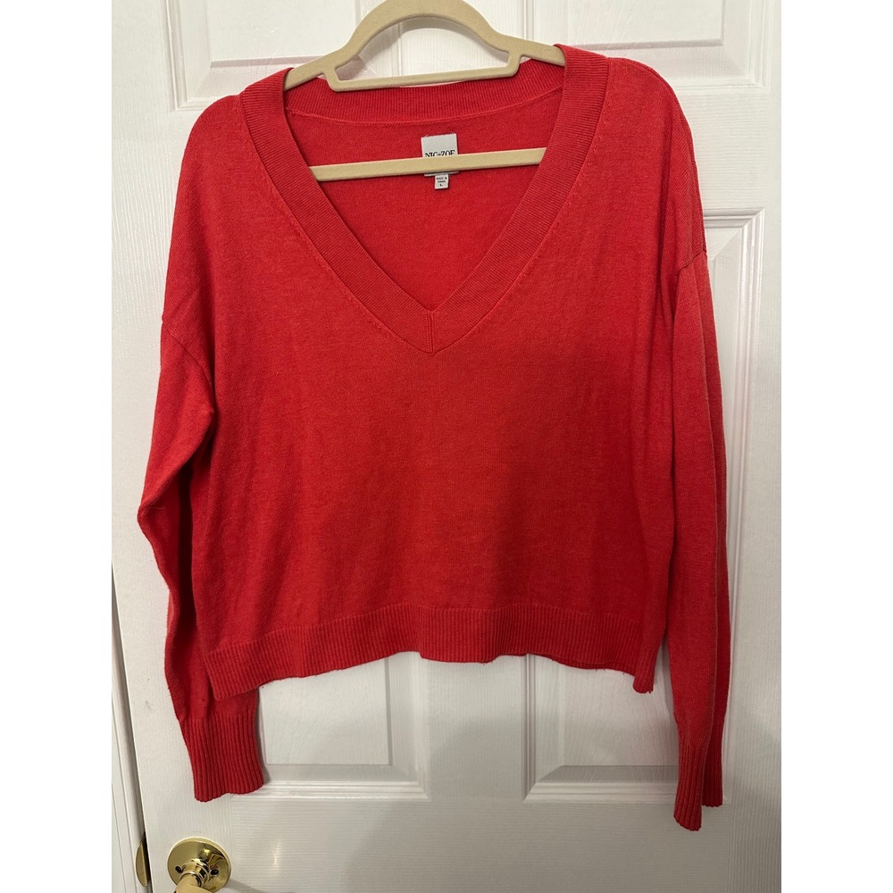NIC+ZOE Mindfully Made Red V-Neck Cotton Blend Knit Sweater Large